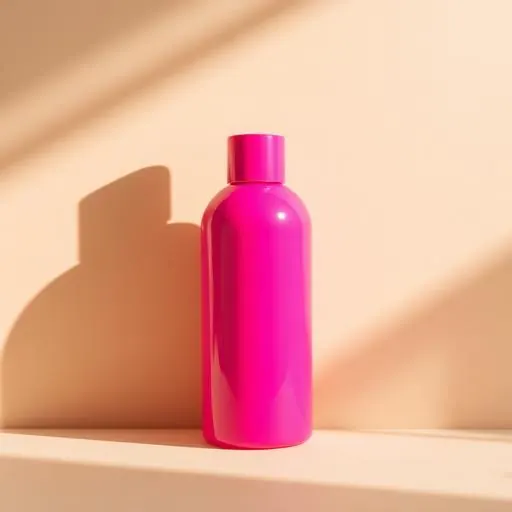 Frasco de cosmética em rosa choque sobre um pedestal bege, com sombra marcada, criado com IA